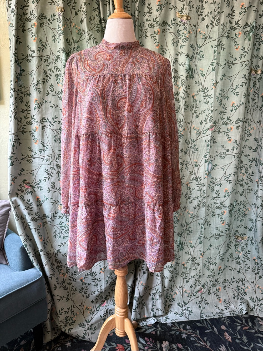Modcloth Paisley Long-Sleeve Tiered Mini Dress in Mauve Pink